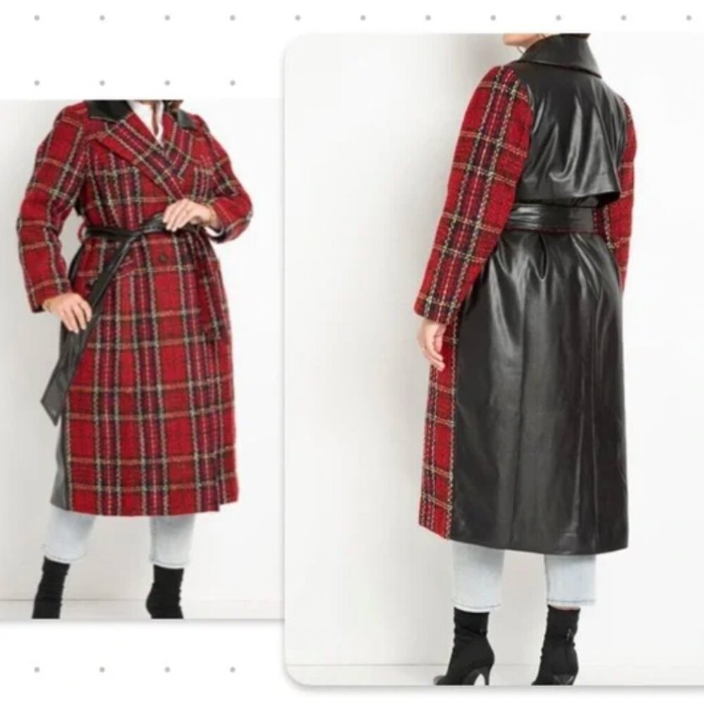 Black Faux Leather and Red Plaid Coat - Eloquii - 18/20W